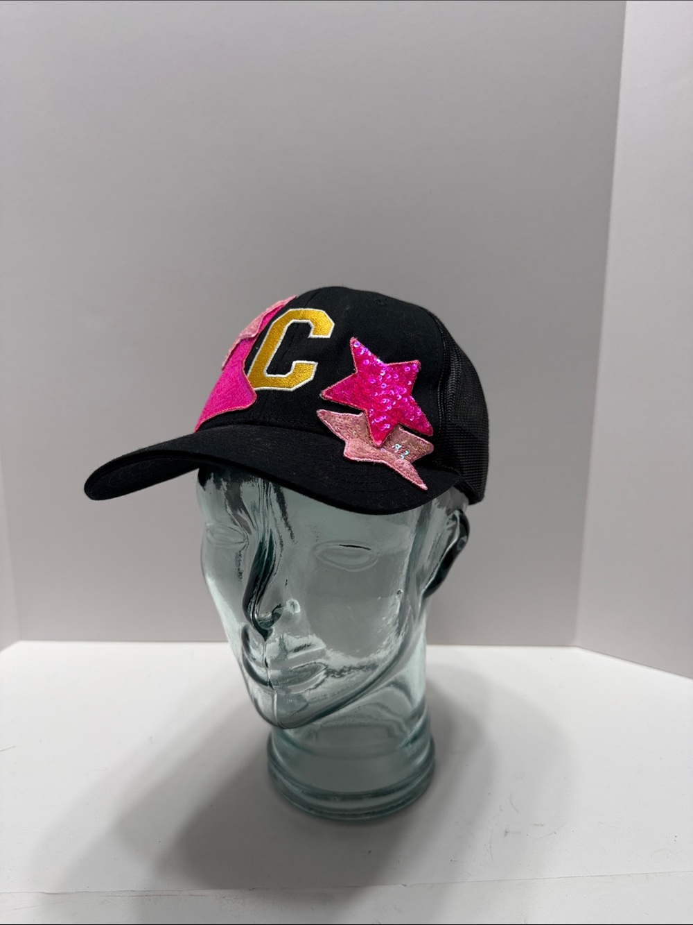Richardson Black Cap with Pink Star Appliqués and Yellow 'C' Patch